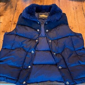 Penfield Navy Puffer Vest with suede details and sheer ling medium